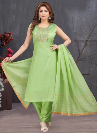 Green Art Silk Trendy Suit with Dori, Embroidered and Mirror Work for Women