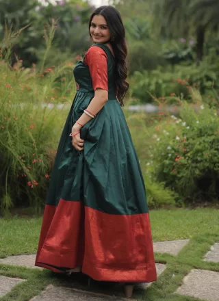 Green Banarasi Jacquard Weaving Work Gown for Women
