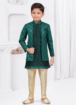 Green Banarasi Silk Buttons, Digital Print, Stone and Thread Work Sherwani Kids Wear for Kid