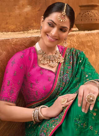 Green Banarasi Silk Classic Saree with Diamond, Hand and Mirror Work