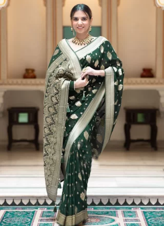 Green Banarasi Silk Classic Saree with Jacquard Work for Ceremonial