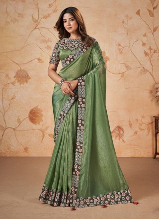 Green Banarasi Silk Cord, Embroidered, Mirror, Sequins, Stone and Thread Work Trendy Saree