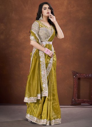 Green Banarasi Silk Cord, Sequins, Thread and Zari Work Classic Saree
