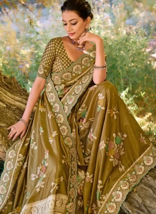 Green Banarasi Silk Embroidered, Mirror and Moti Work Classic Saree for Ceremonial