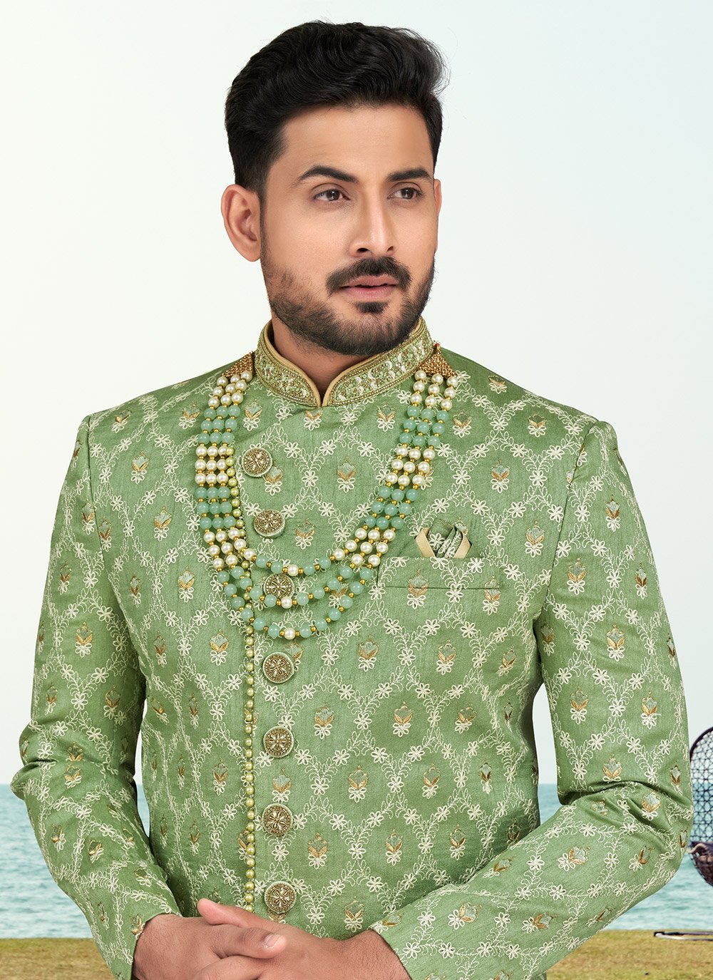 Green Banarasi Silk Indo Western Sherwani Buy Online 9222