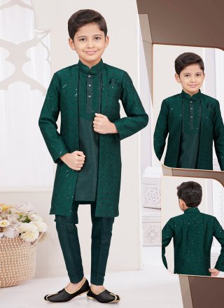 Green Banarasi Silk Machine Embroidery, Stone and Thread Work Sherwani Kids Wear for Engagement