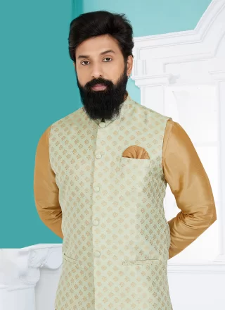 Green Banarasi Silk Nehru Jackets with Fancy Work