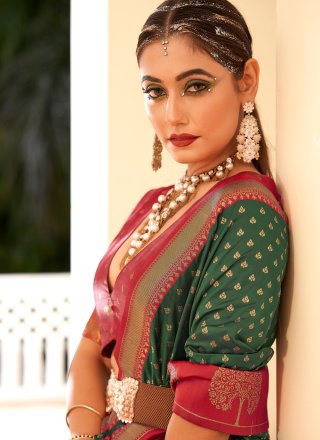 Green Banarasi Silk Patch Border, Weaving and Zari Work Contemporary Saree for Women