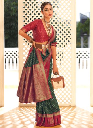 Green Banarasi Silk Patch Border, Weaving and Zari Work Contemporary Saree for Women