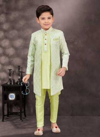 Green Banarasi Silk Sherwani Kids Wear with Buttons, Fancy and Thread Work for Kid
