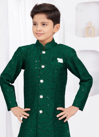 Green Banarasi Silk Sherwani Kids Wear with Buttons, Fancy and Thread Work for Kid