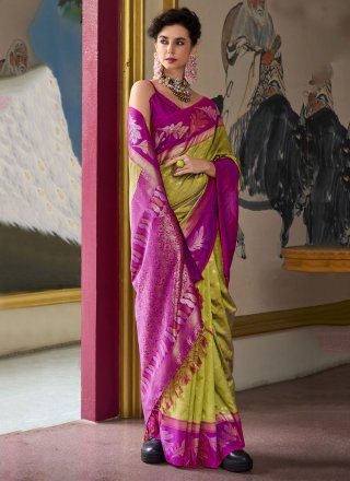 Green Banarasi Silk Traditional Saree with Patch Border and Weaving Work for Ceremonial