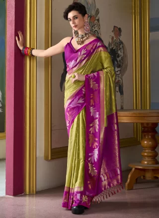 Green Banarasi Silk Traditional Saree with Patch Border and Weaving Work for Ceremonial