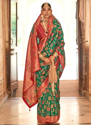 Green Banarasi Silk Weaving and Zari Work Contemporary Sari for Women