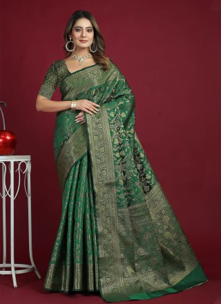 Green Banarasi Silk Woven Work Trendy Saree for Ceremonial