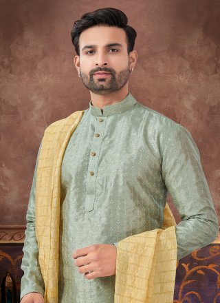 Green Banglori Silk Machine Embroidery Work Kurta Pyjama for Men