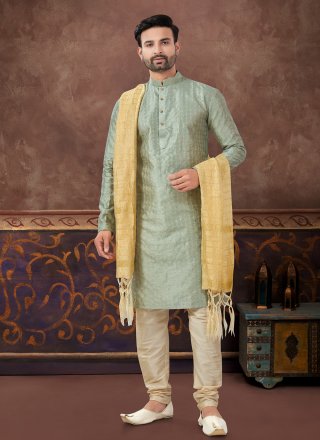 Green Banglori Silk Machine Embroidery Work Kurta Pyjama for Men