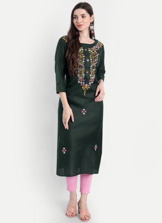 Green Blended Cotton Designer Kurti with Embroidered Work for Casual
