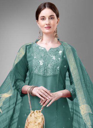 Green Blended Cotton Embroidered and Lace Work Readymade Salwar Suit for Women