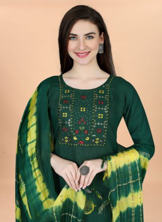 Green Blended Cotton Embroidered Work Readymade Salwar Suit for Casual