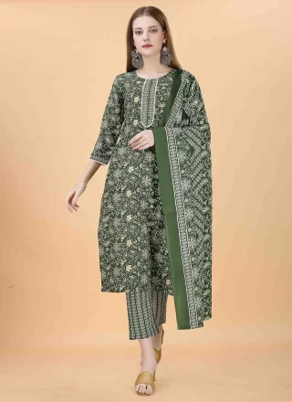 Green Blended Cotton Embroidered Work Trendy Suit