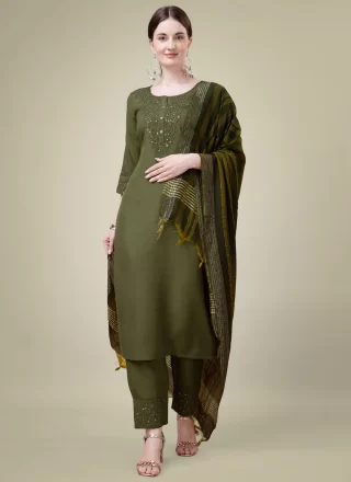 Green Blended Cotton Salwar Suit with Embroidered and Sequins Work
