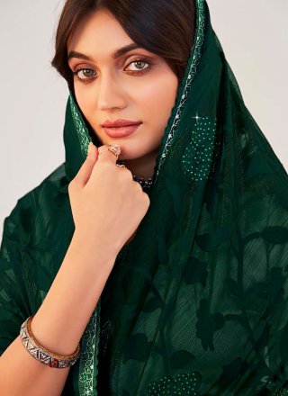 Green Brasso Contemporary Sari with Fancy and Lace Work for Ceremonial