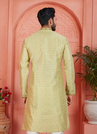 Green Brocade Mirror and Pintex Work Kurta Pyjama for Men