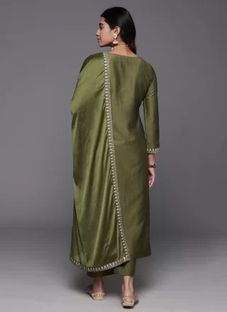 Green Chanderi Embroidered Work Pant Style Suit