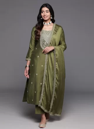 Green Chanderi Embroidered Work Pant Style Suit