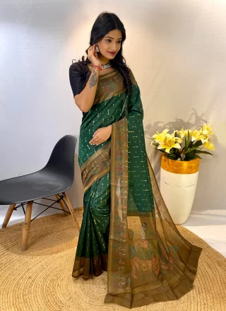 Green Chanderi Silk Patch Border and Print Work Contemporary Saree