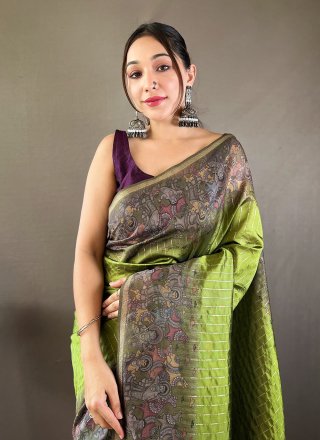 Green Chanderi Silk Traditional Saree with Print Work for Women