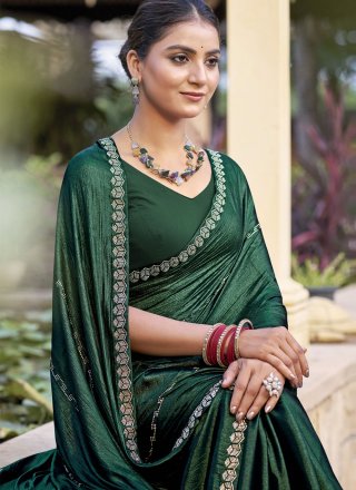 Green Chiffon Contemporary Sari with Patch Border and Crystals Work for Women