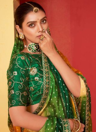 Green Chiffon Embroidered and Foil Print Work Contemporary Sari for Ceremonial