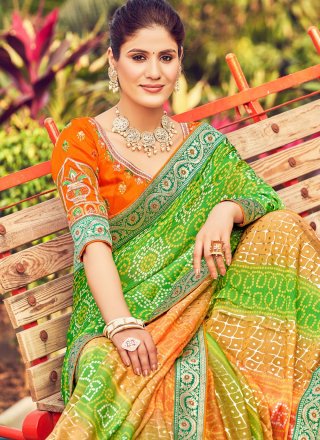 Green Chiffon Embroidered and Lace Work Contemporary Saree for Ceremonial