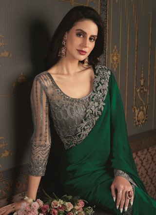Green Chiffon Patch Border and Embroidered Work Trendy Saree for Women