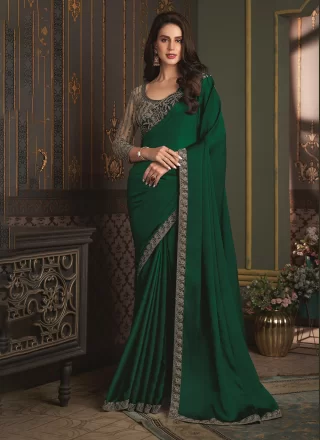 Green Chiffon Patch Border and Embroidered Work Trendy Saree for Women