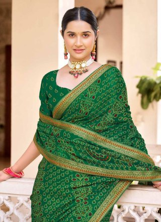Green Chiffon Print Work Classic Sari