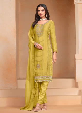 Green Chiffon Salwar Suit with Embroidered Work for Ceremonial