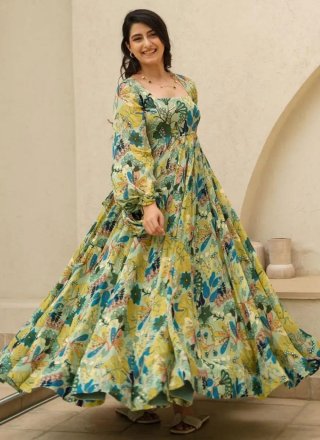Green Chinon Digital Print Work Gown