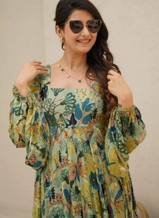 Green Chinon Digital Print Work Gown