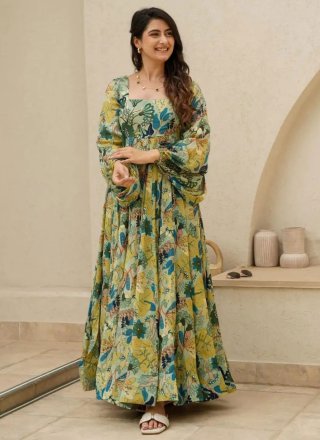 Green Chinon Digital Print Work Gown