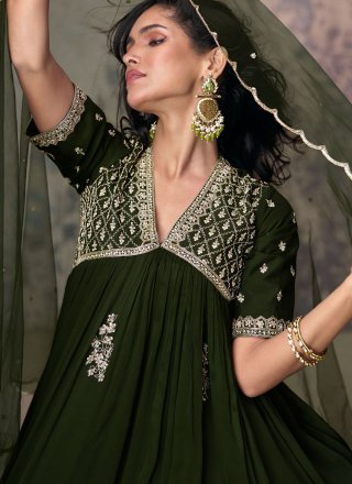 Green Chinon Embroidered Work Gown