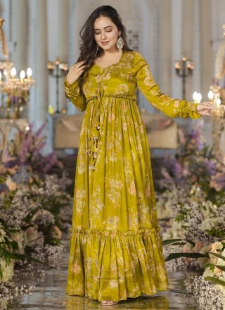 Green Chinon Jacket Style Suit with Digital Print Work