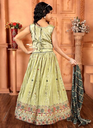 Green Chinon Lehenga Choli with Embroidered, Sequins and Thread Work for Kid