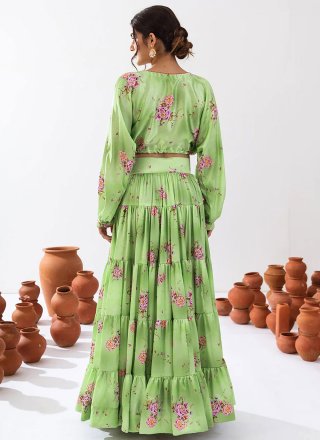 Green Chinon Readymade Lehenga Choli with Digital Print Work