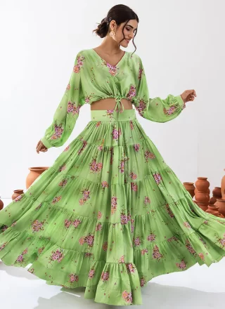 Green Chinon Readymade Lehenga Choli with Digital Print Work