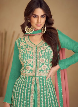 Green Chinon Readymade Salwar Suit with Booti and Embroidered Work