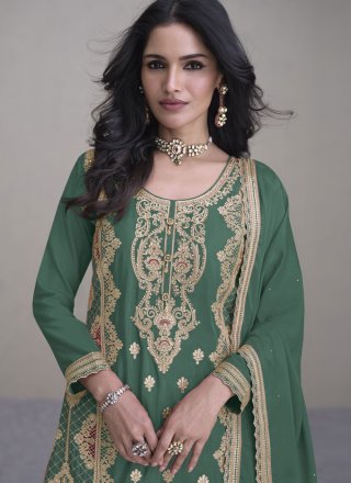 Green Chinon Readymade Salwar Suit with Buttons, Embroidered, Fancy and Zari Work for Ceremonial