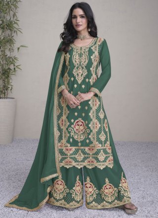 Green Chinon Readymade Salwar Suit with Buttons, Embroidered, Fancy and Zari Work for Ceremonial